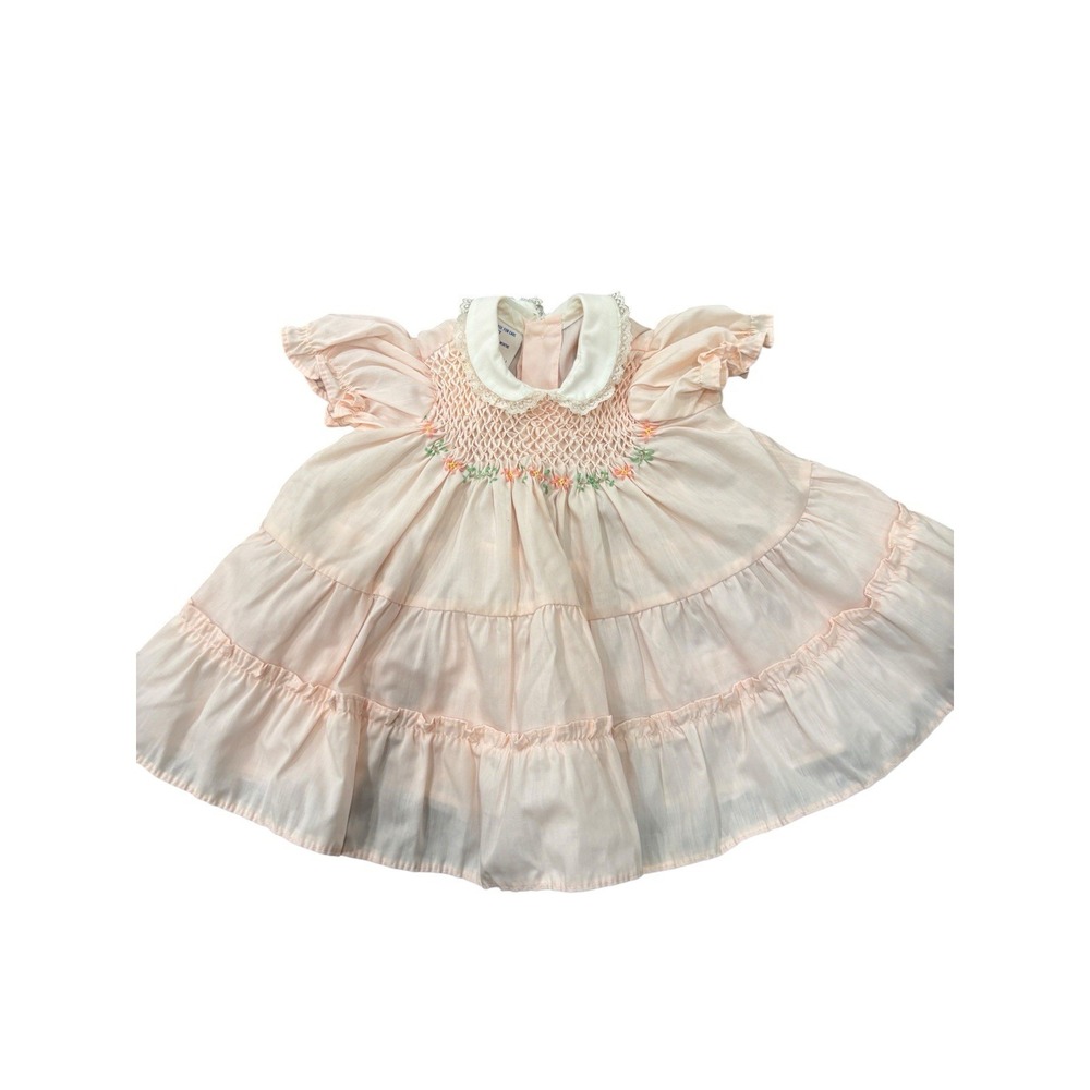 Vtg Polly Flinders Pale Pink Baby Girls Dress‎ Smocked Collar Puff  6-9 Months